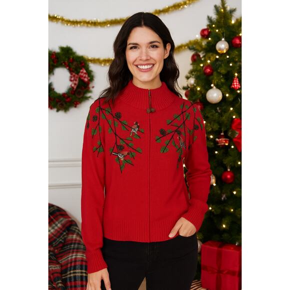 Coldwater Creek Women's Wool Embroidered Holiday Cardigan Sweater Sz M Red Cozy - Picture 1 of 8